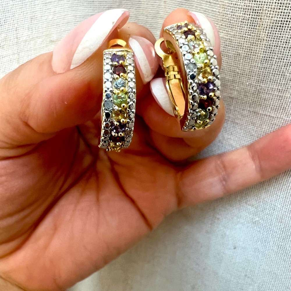 Gold plated over Sterling silver Multi-Color Gemstone Hoop Earrings